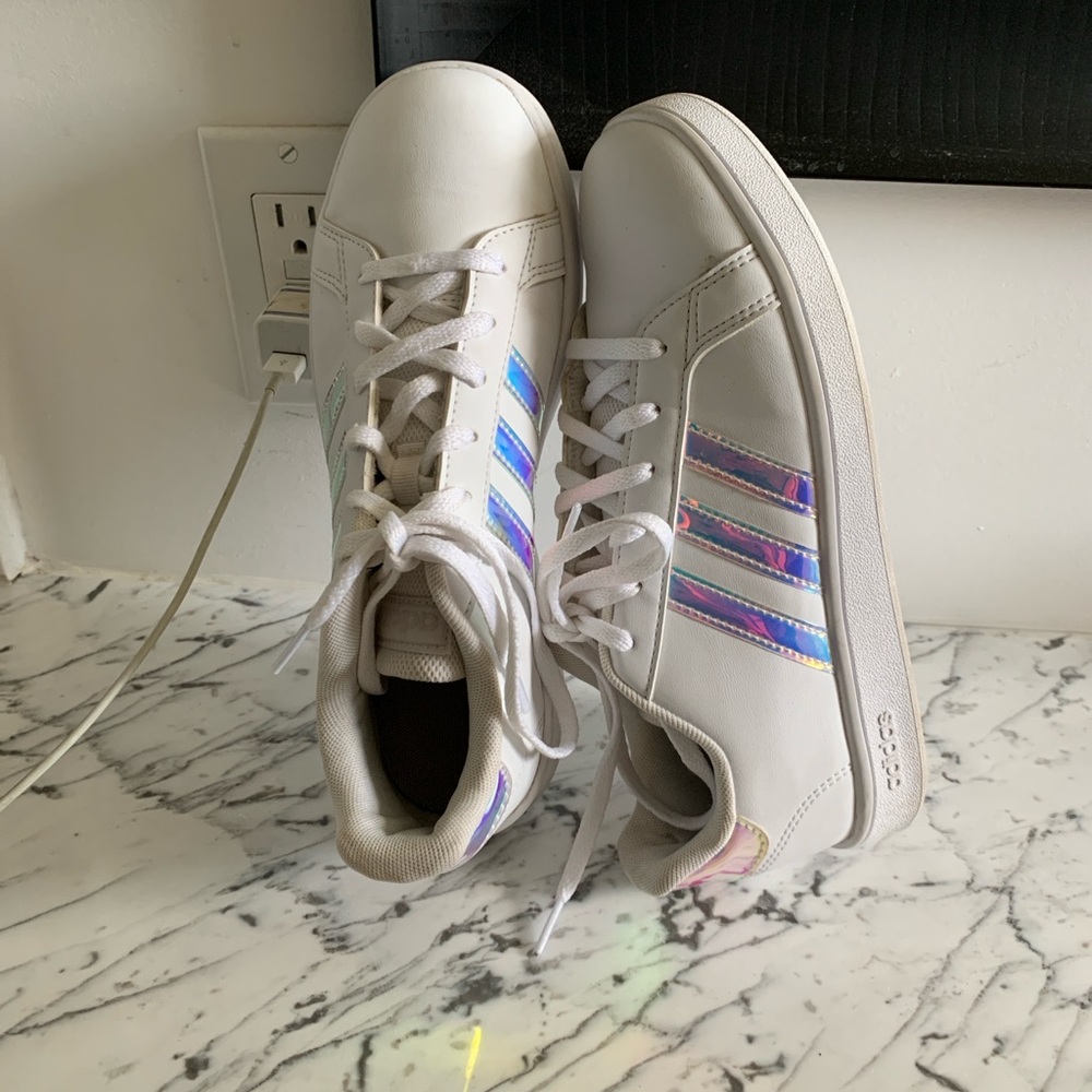Adidas Grand Court White Sneakers with Iridescent Stripes